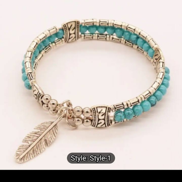 no brand Jewelry - Silver and Blue Rice Bead Bracelet with Feather Charm